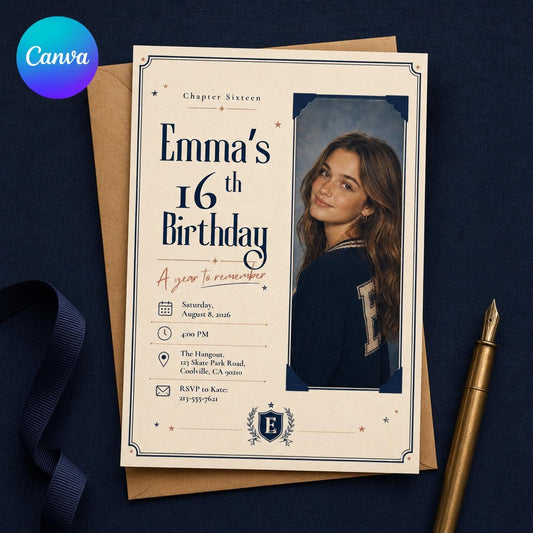Navy Elegant Sweet 16 Photo Invitation for Girls — editable Canva template