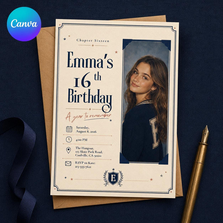 Navy Elegant Sweet 16 Photo Invitation for Girls
