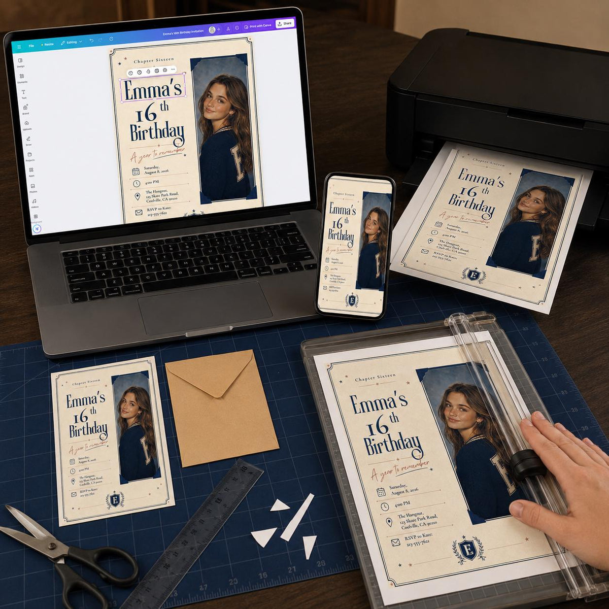 Navy Elegant Sweet 16 Photo Invitation for Girls — invitation you personalize in Canva