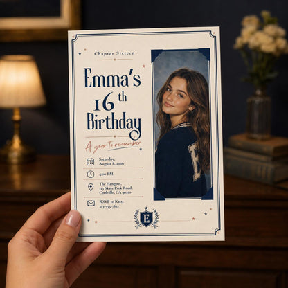 Navy Elegant Sweet 16 Photo Invitation for Girls — digital invitation, instant download
