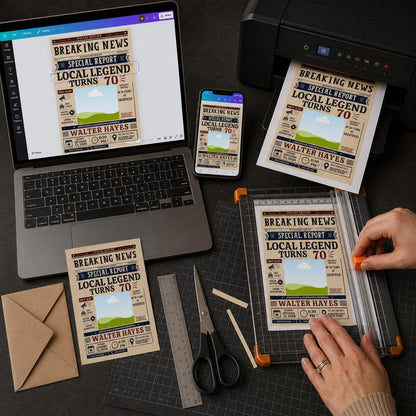 Navy Local Legend Newspaper 70th Birthday Photo Invitation — editorial 70th birthday party design