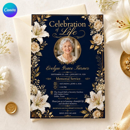 Navy Oval Photo Celebration of Life Invitation — editable Canva template