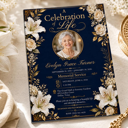 Navy Oval Photo Celebration of Life Invitation in gold