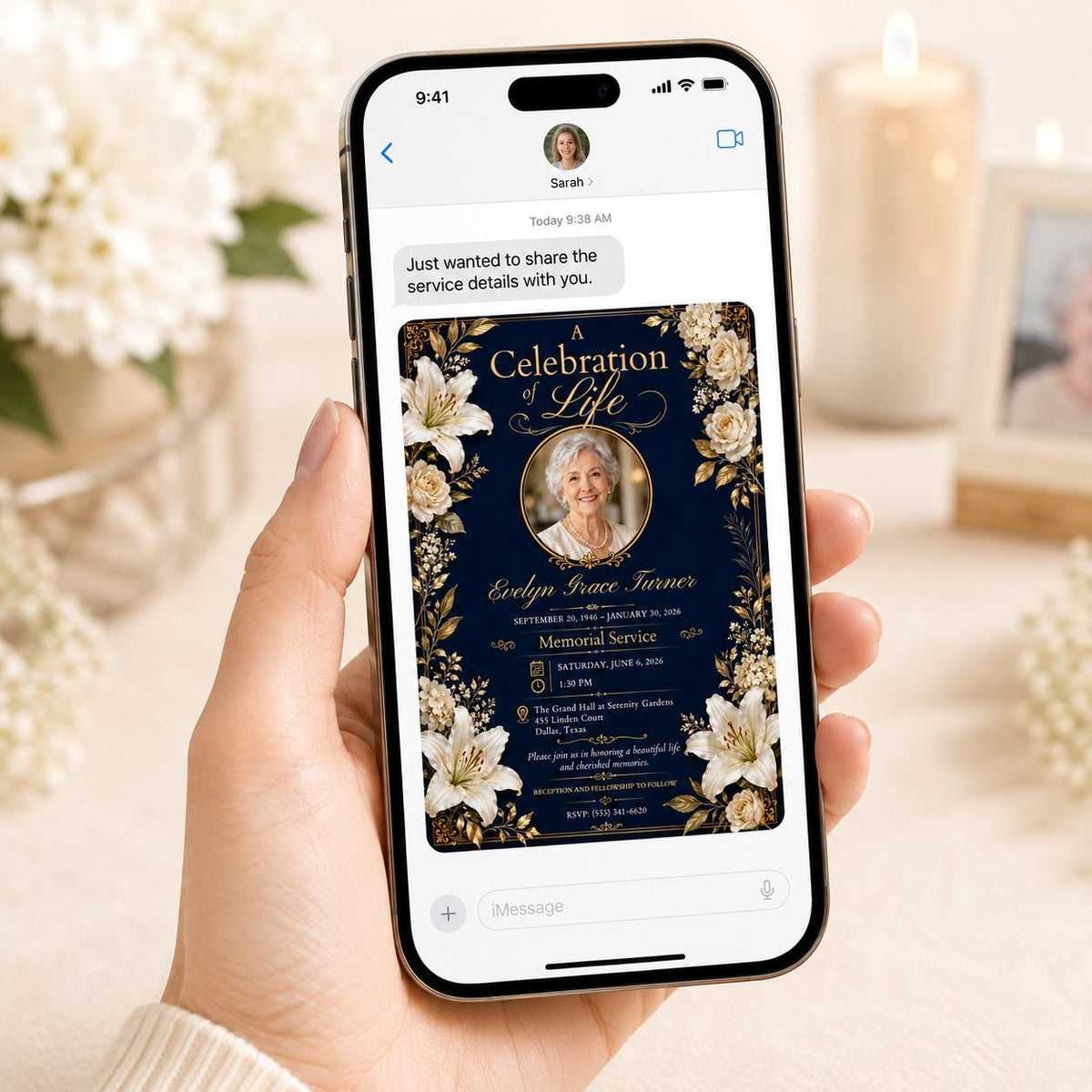 Navy Oval Photo Celebration of Life Invitation — rose design