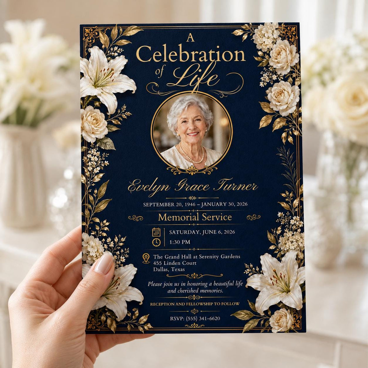 Navy Oval Photo Celebration of Life Invitation — invitation you personalize in Canva