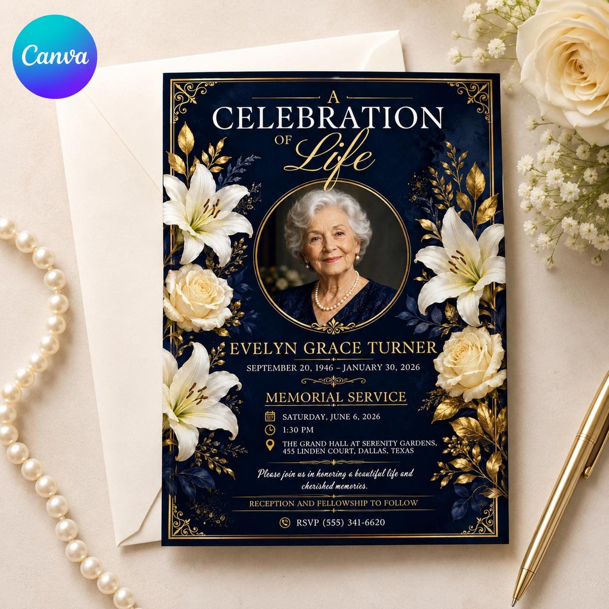 Navy Round Photo Celebration of Life Invitation — editable Canva template