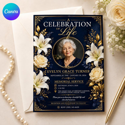 Navy Round Photo Celebration of Life Invitation — editable Canva template