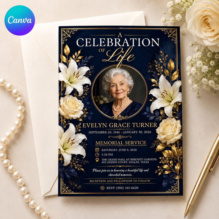 Navy Round Photo Celebration of Life Invitation