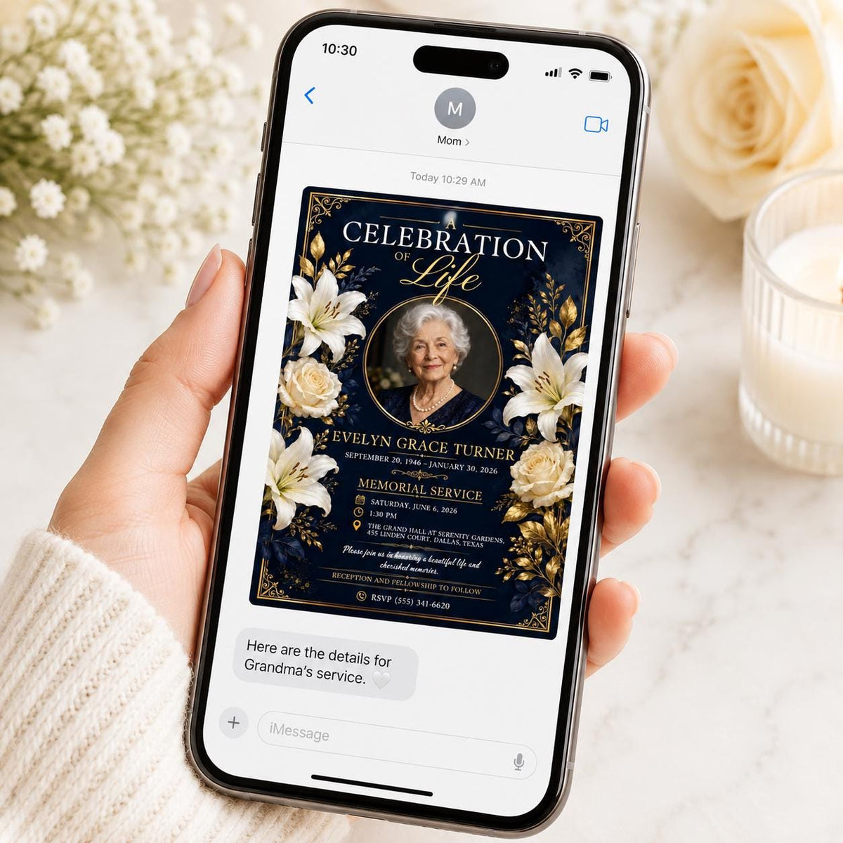Navy Round Photo Celebration of Life Invitation in gold