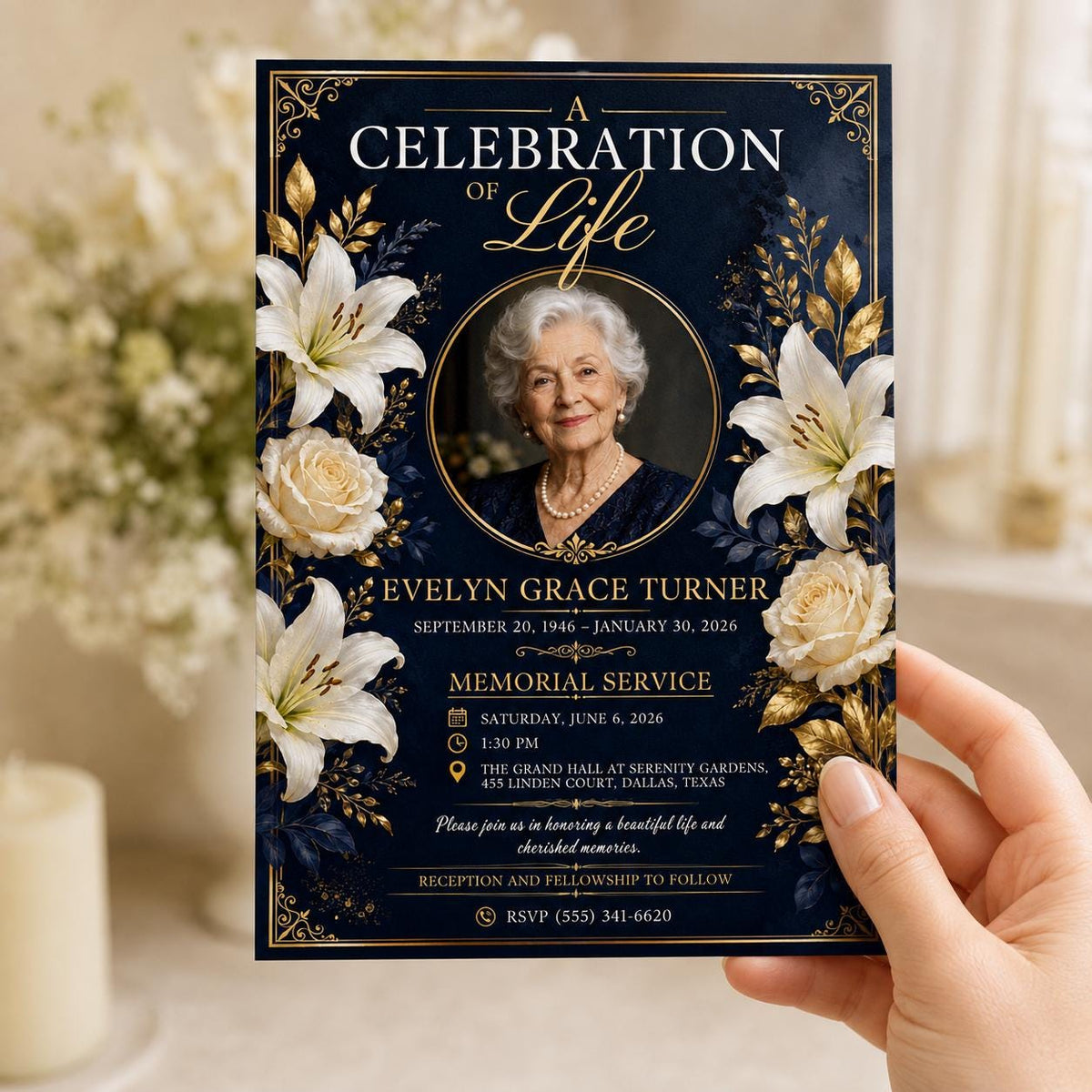 Navy Round Photo Celebration of Life Invitation — invitation you personalize in Canva