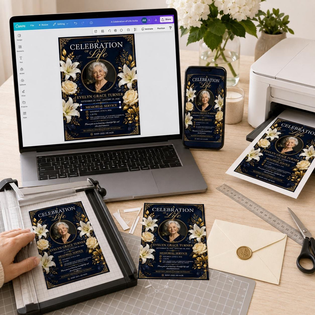Navy Round Photo Celebration of Life Invitation — print-ready celebration of life design from VoltBy