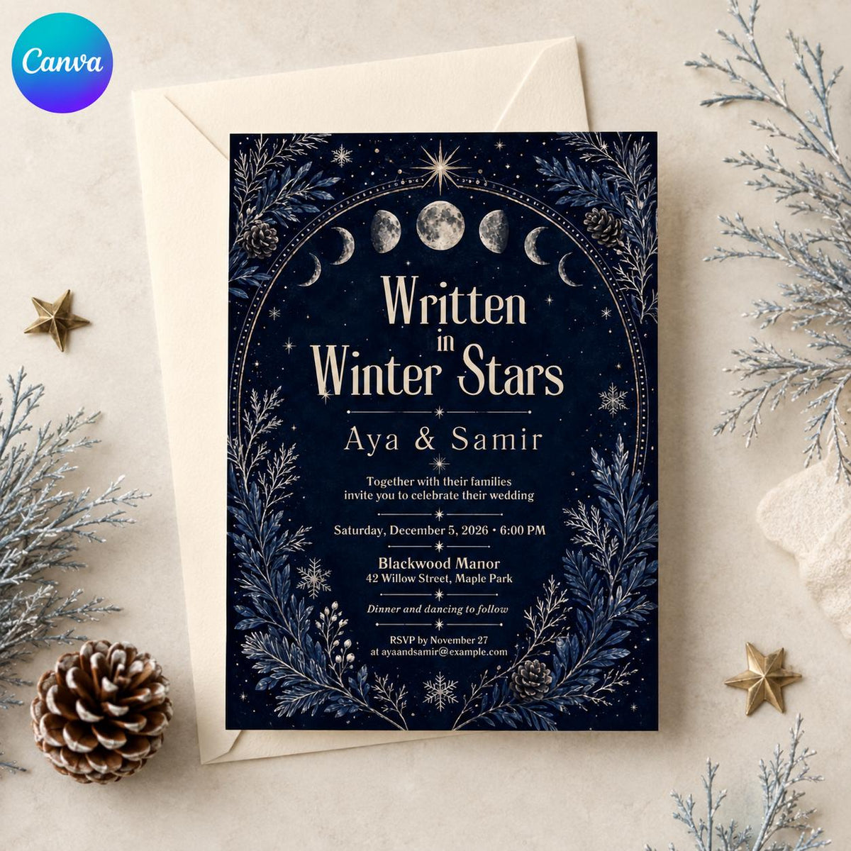 Navy Winter Celestial Wedding Invitation — editable Canva template