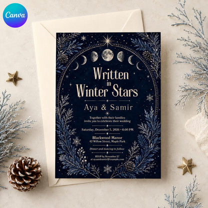 Navy Winter Celestial Wedding Invitation — editable Canva template