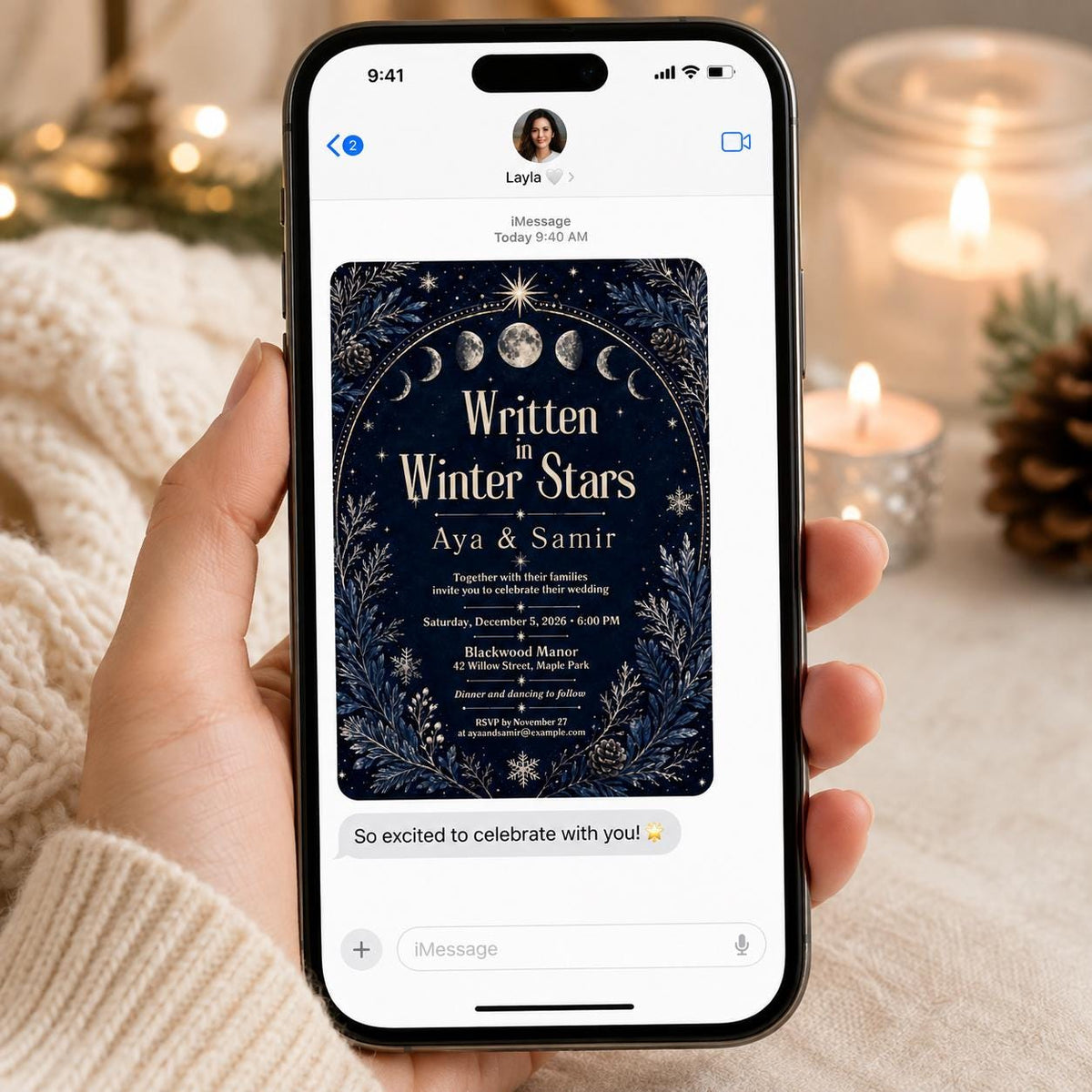 Navy Winter Celestial Wedding Invitation — invitation you personalize in Canva