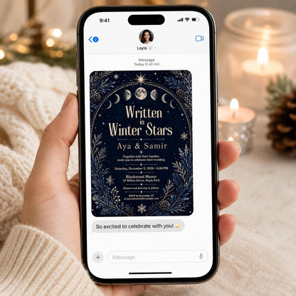 Navy Winter Celestial Wedding Invitation — invitation you personalize in Canva