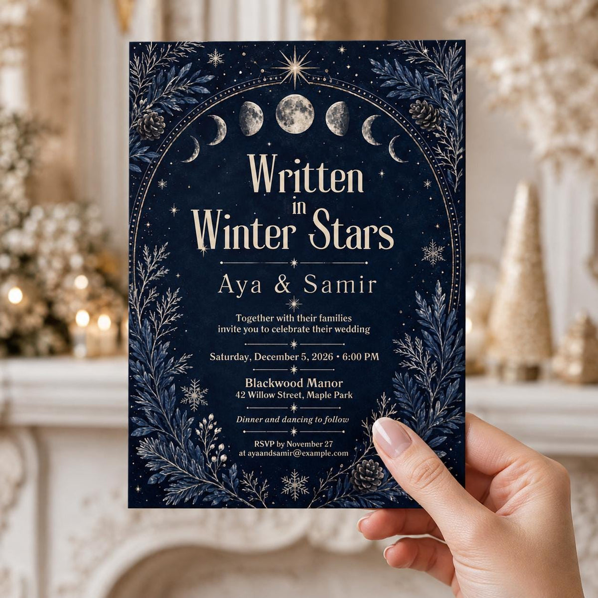 Navy Winter Celestial Wedding Invitation — print-ready wedding design from VoltBy