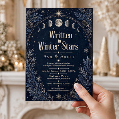 Navy Winter Celestial Wedding Invitation — print-ready wedding design from VoltBy