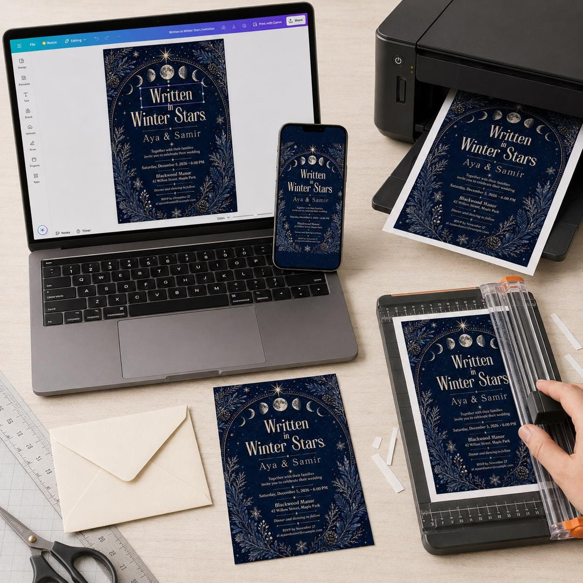 Navy Winter Celestial Wedding Invitation — digital invitation, instant download