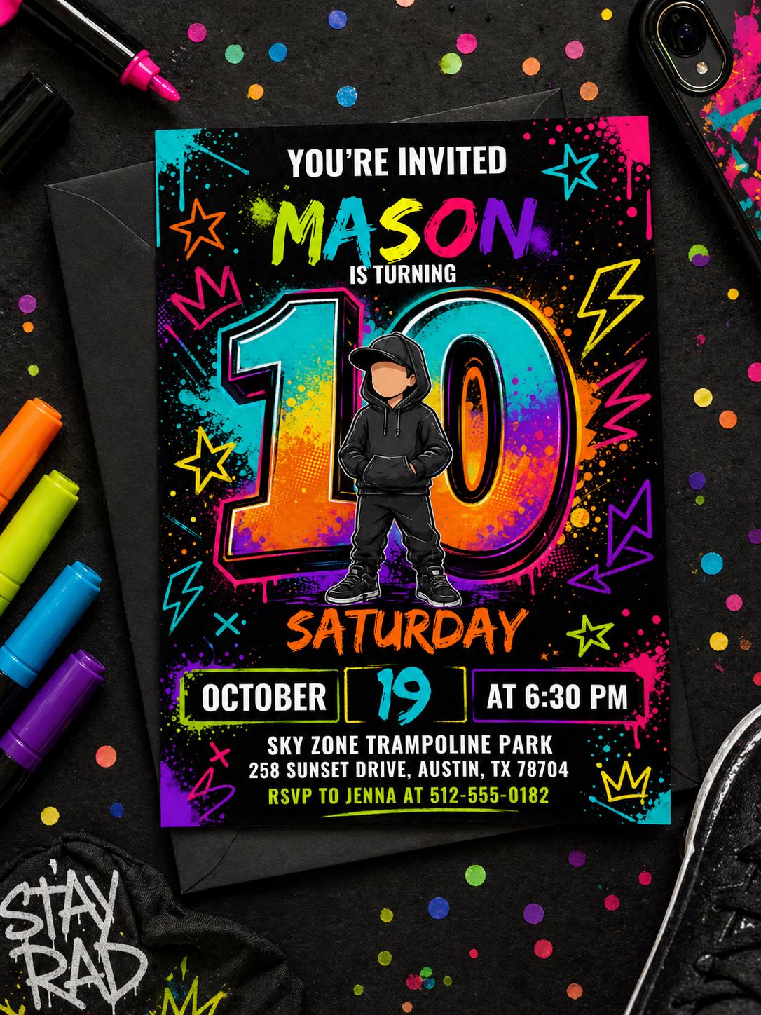 Neon 10th Birthday Invitation for Boys — invitation you personalize in Canva