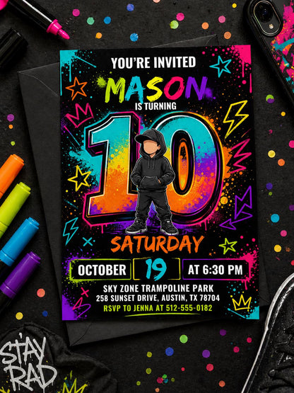 Neon 10th Birthday Invitation for Boys — invitation you personalize in Canva