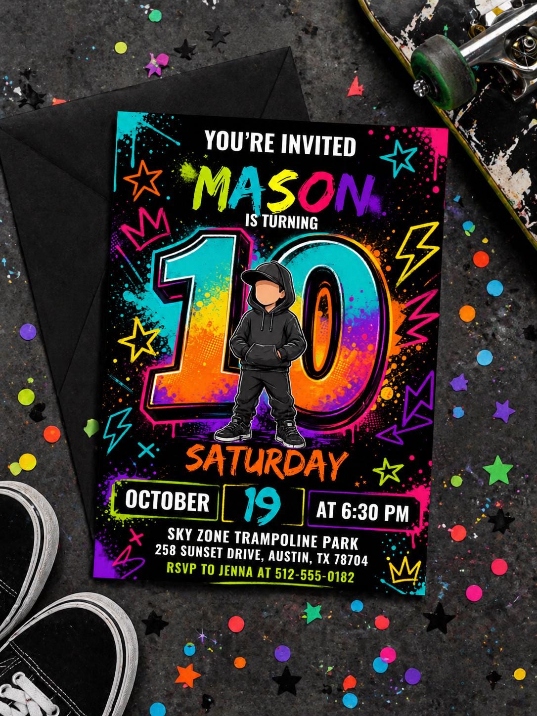 Neon 10th Birthday Invitation for Boys — print-ready 10th birthday party design from VoltBy