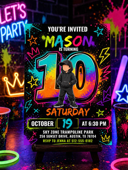 Neon 10th Birthday Invitation for Boys — digital invitation, instant download