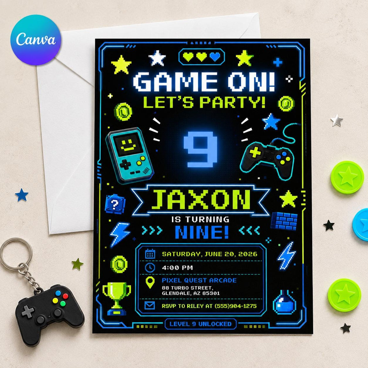 Neon 9th Birthday Gamer Invitation for Boys — editable Canva template