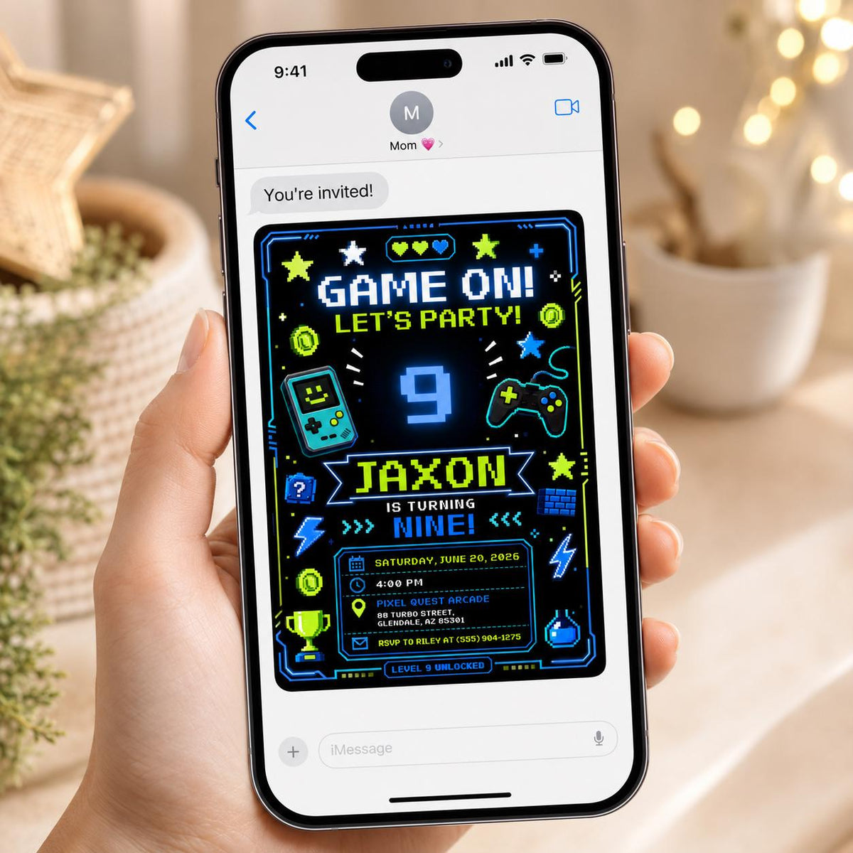 Neon 9th Birthday Gamer Invitation for Boys — gaming design