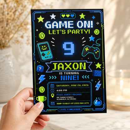 Neon 9th Birthday Gamer Invitation for Boys — invitation you personalize in Canva