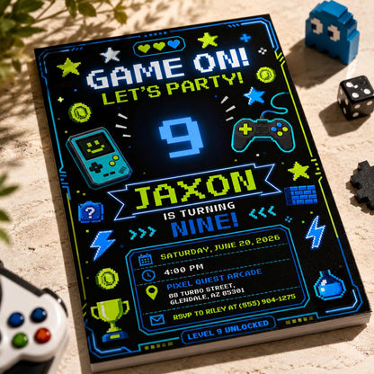 Neon 9th Birthday Gamer Invitation for Boys — digital invitation, instant download