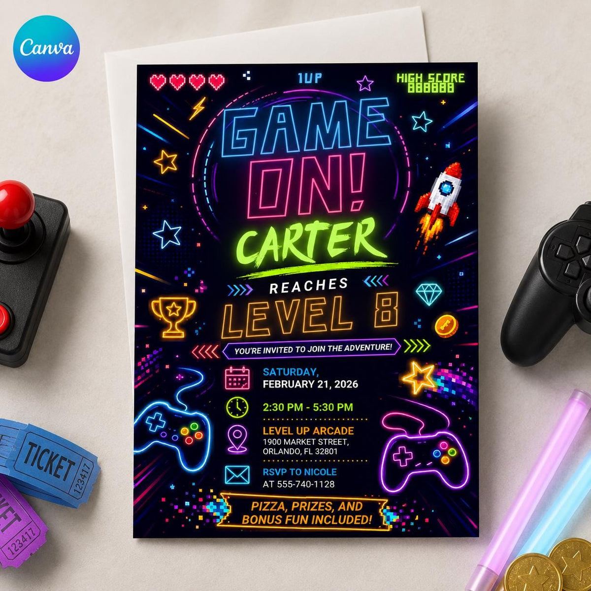 Neon Arcade 8th Birthday Invitation — editable Canva template