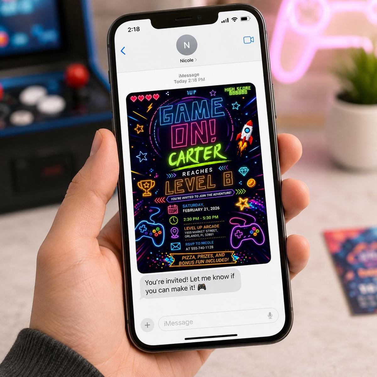 Neon Arcade 8th Birthday Invitation — gaming design