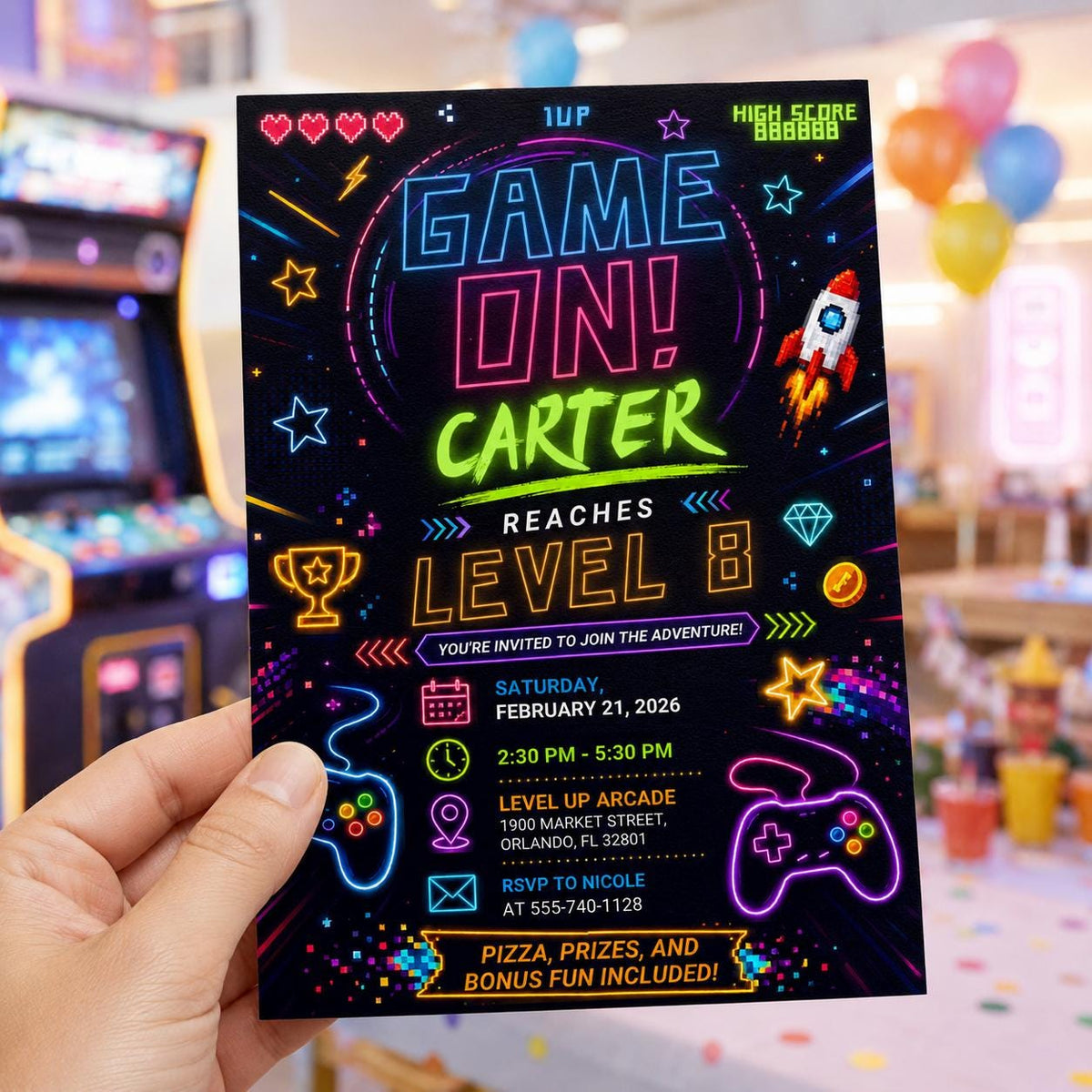 Neon Arcade 8th Birthday Invitation — invitation you personalize in Canva