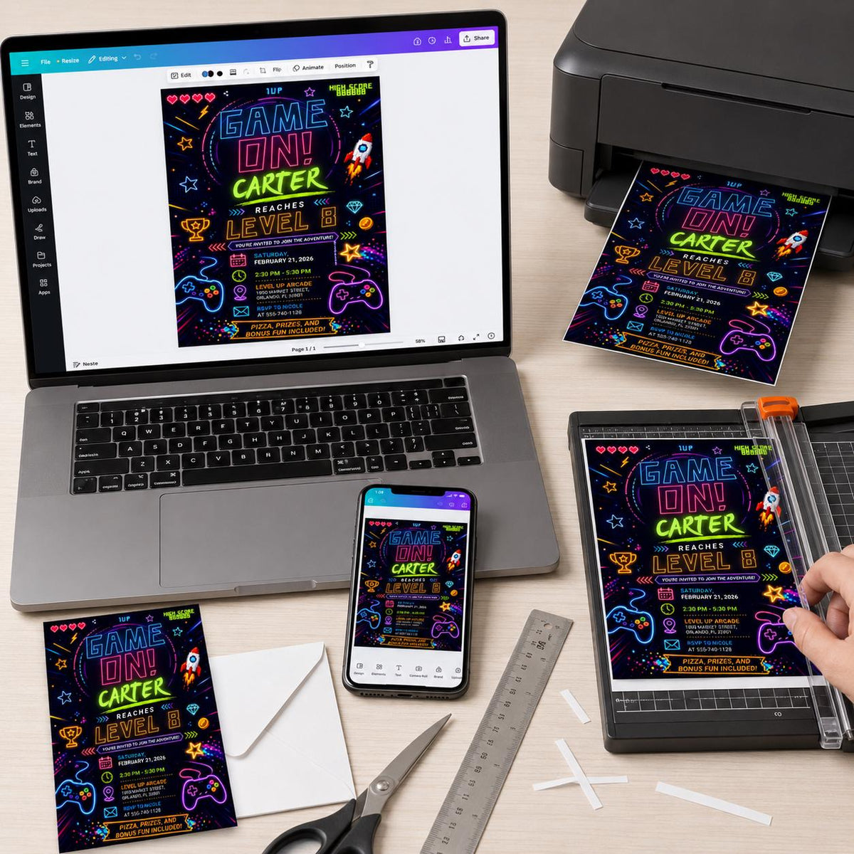 Neon Arcade 8th Birthday Invitation — print-ready 8th birthday party design from VoltBy