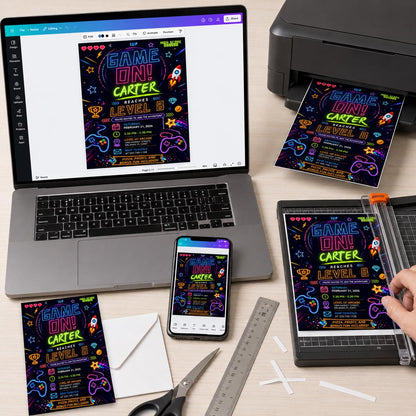 Neon Arcade 8th Birthday Invitation — print-ready 8th birthday party design from VoltBy
