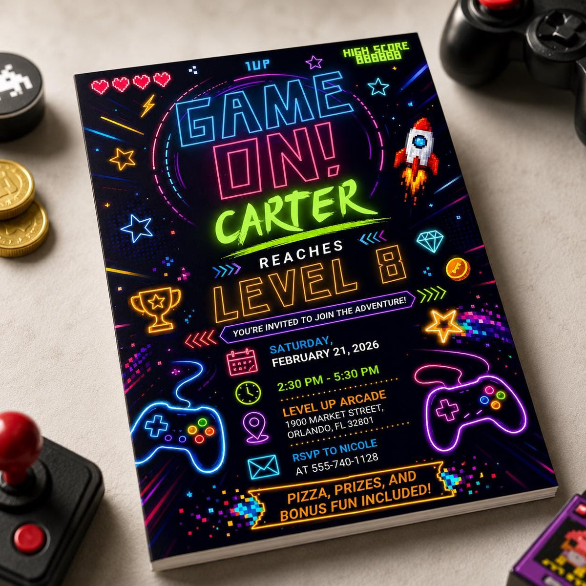 Neon Arcade 8th Birthday Invitation — digital invitation, instant download