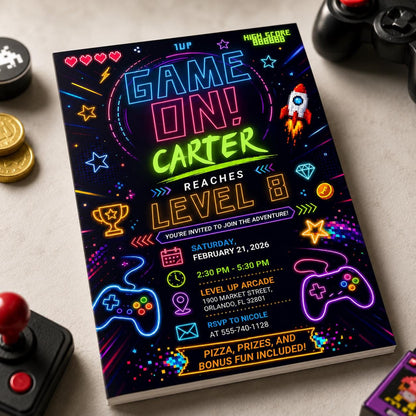 Neon Arcade 8th Birthday Invitation — digital invitation, instant download