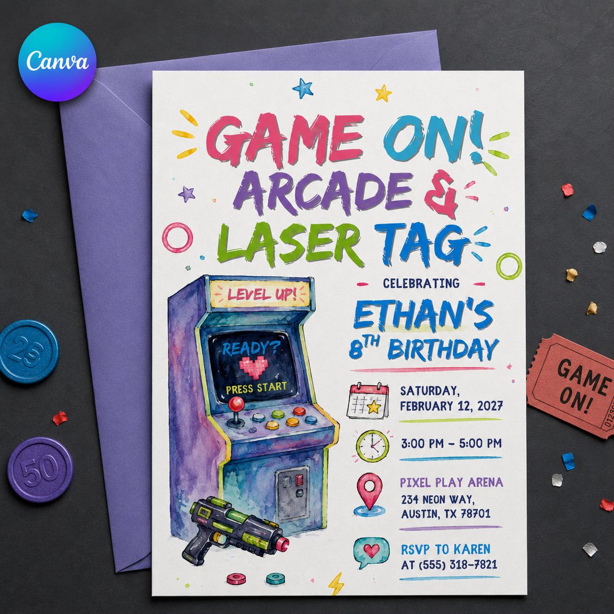 Neon Arcade Laser Tag 8th Birthday Invitation — editable Canva template