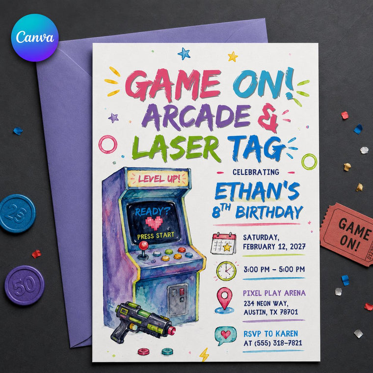 Neon Arcade Laser Tag 8th Birthday Invitation
