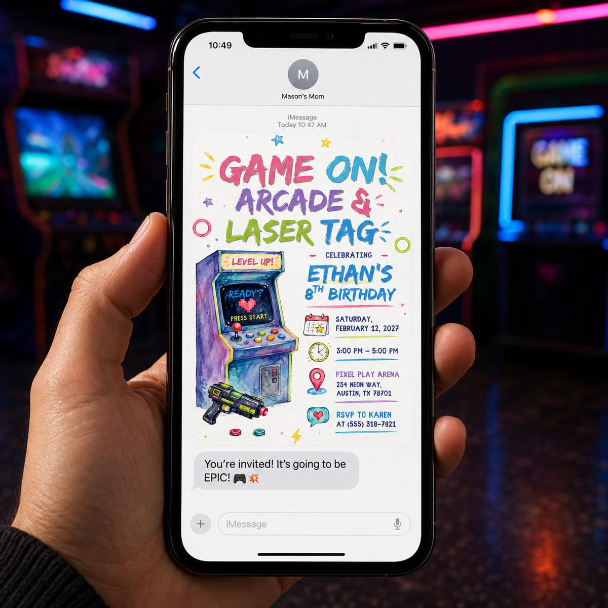 Neon Arcade Laser Tag 8th Birthday Invitation — gaming design