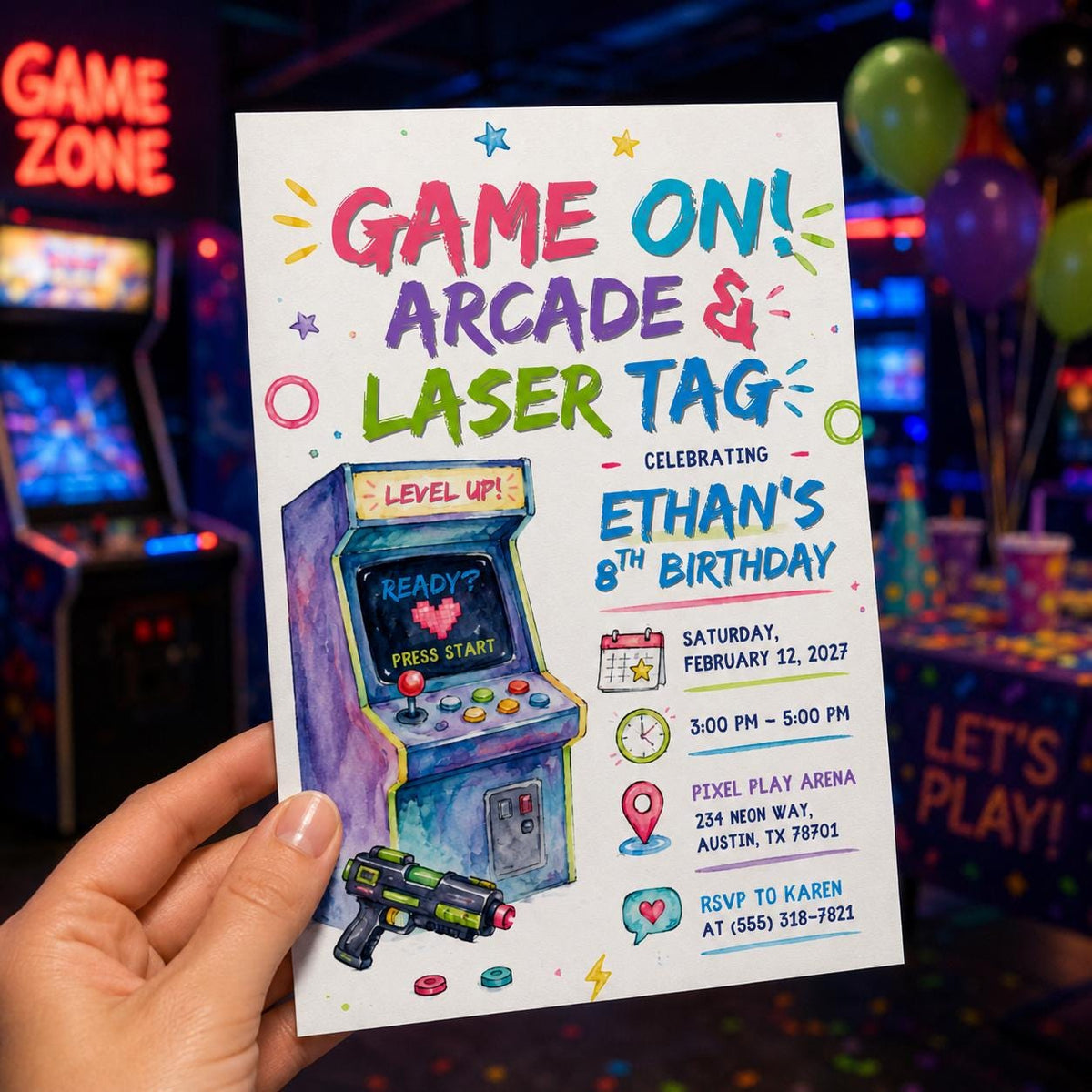 Neon Arcade Laser Tag 8th Birthday Invitation — invitation you personalize in Canva