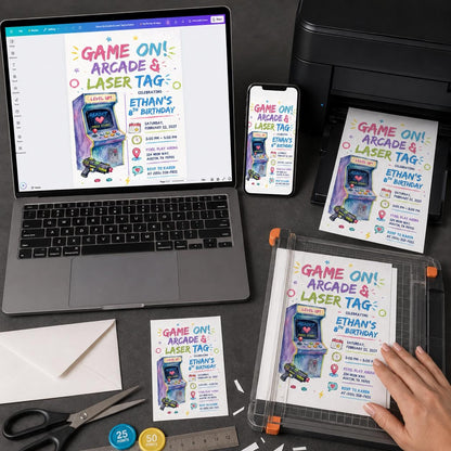 Neon Arcade Laser Tag 8th Birthday Invitation — print-ready 8th birthday party design from VoltBy