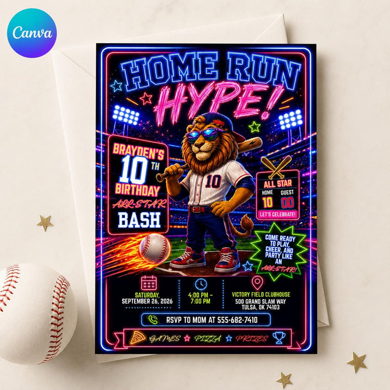 Neon Baseball 10th Birthday Invitation