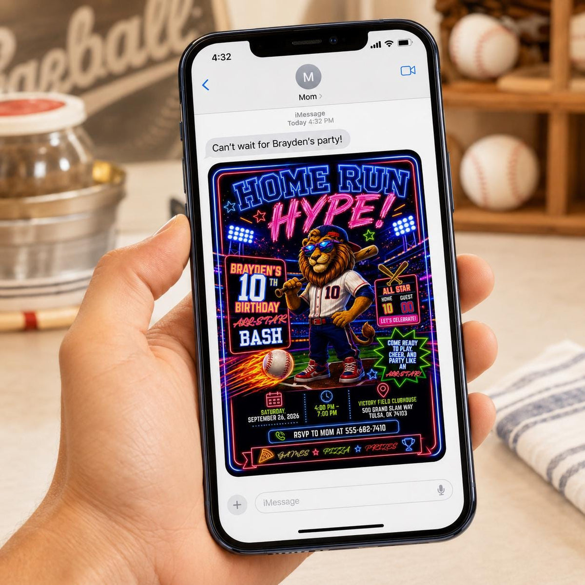 Neon Baseball 10th Birthday Invitation — sports design