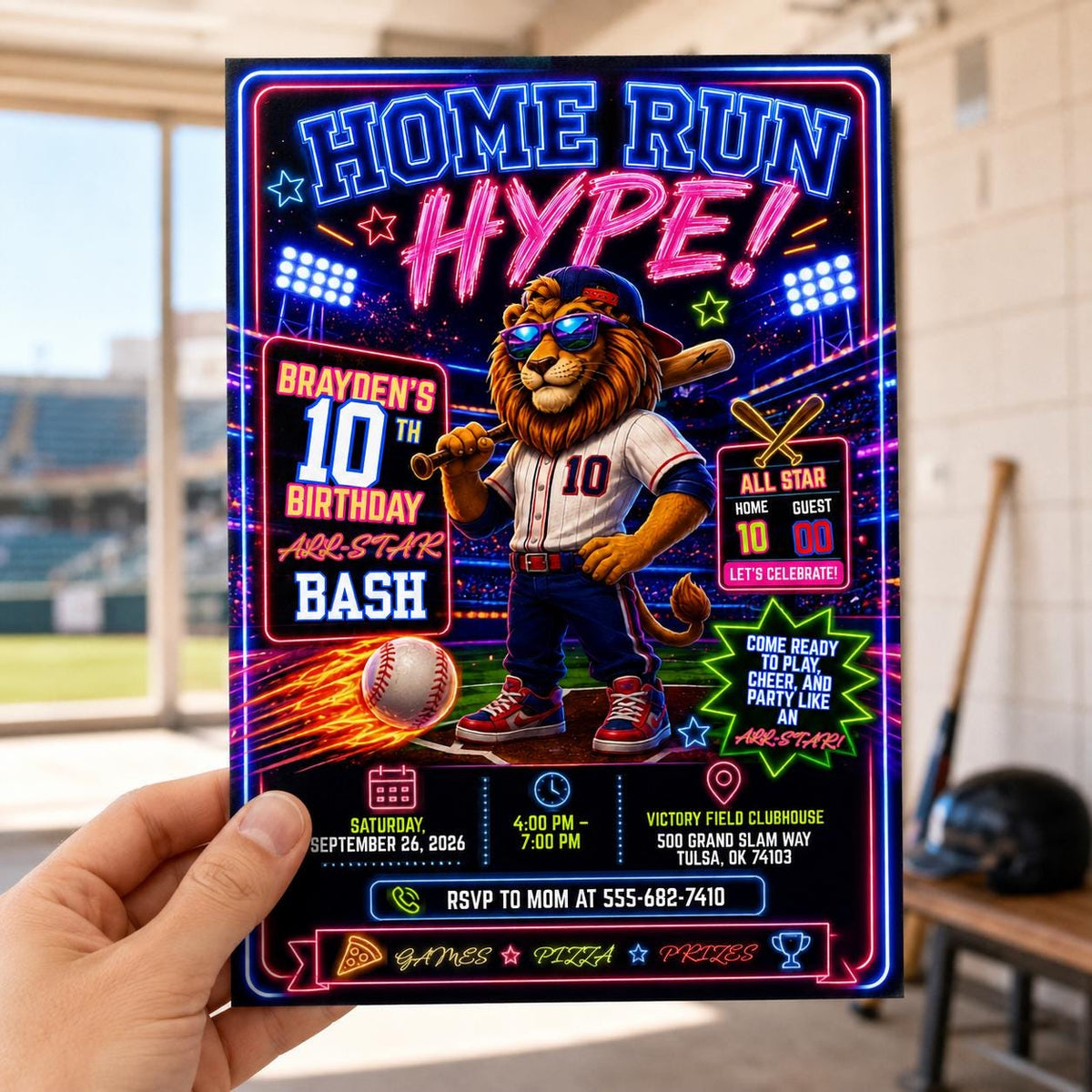 Neon Baseball 10th Birthday Invitation — invitation you personalize in Canva