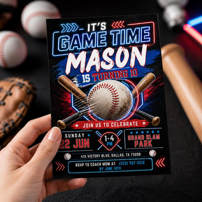 Neon Baseball 10th Birthday Invitation with Crossed Bats — bat design