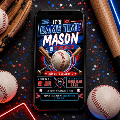 Neon Baseball 10th Birthday Invitation with Crossed Bats — invitation you personalize in Canva