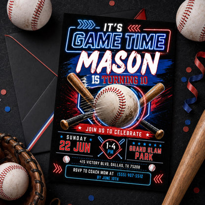 Neon Baseball 10th Birthday Invitation with Crossed Bats — bat artwork in black and blue