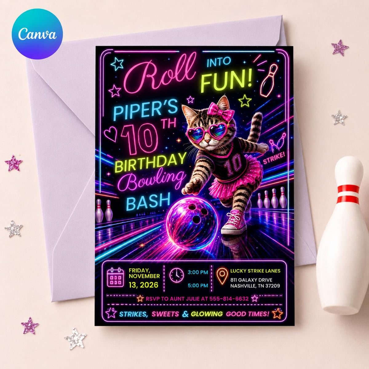 Neon Bowling 10th Birthday Invitation — editable Canva template