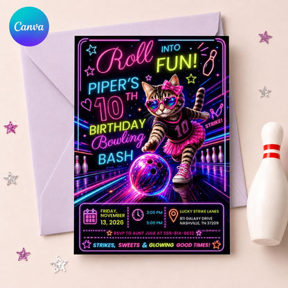 Neon Bowling 10th Birthday Invitation — editable Canva template